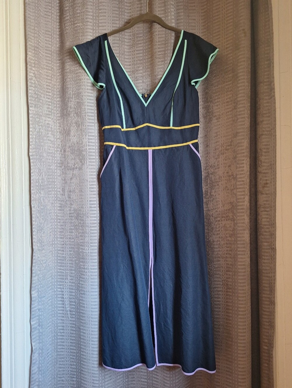 Kate Spade Navy Blue Silk Linen V-neck Midi Dress with Contrast Trim Size 8